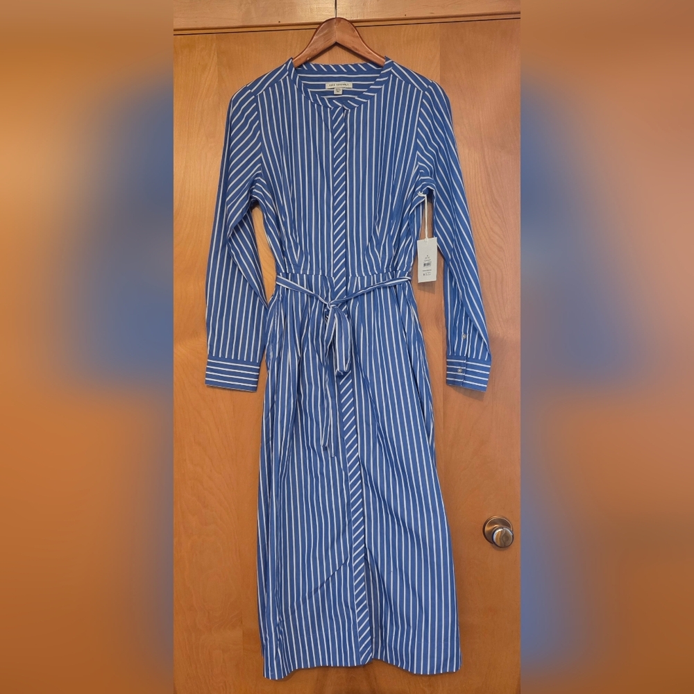 Blue Striped Long Sleeve Shirt Dress with Tie Waist
